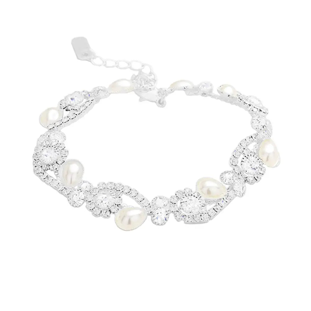Teardrop Pearl Rhinestone Pave Floral Evening Bracelet