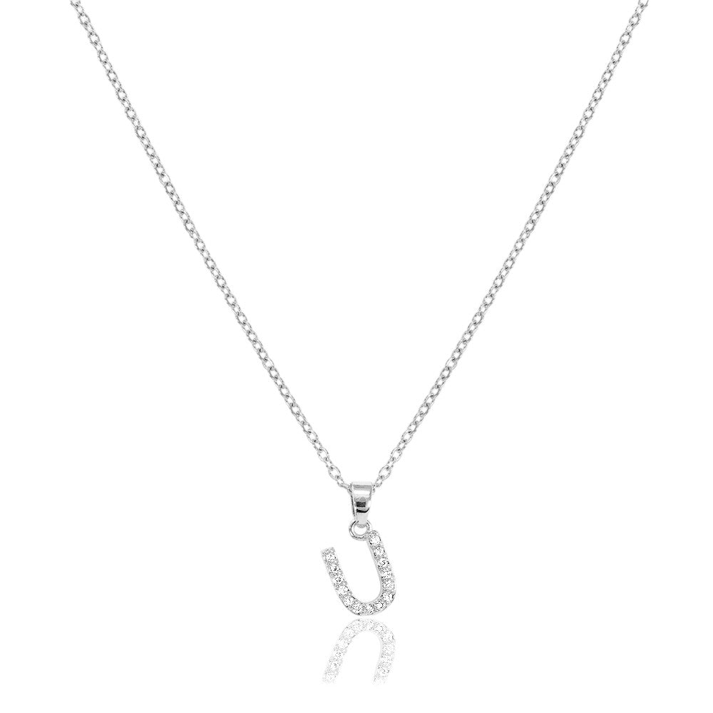 U Stainless Steel CZ Stone Paved Monogram Pendant Necklace