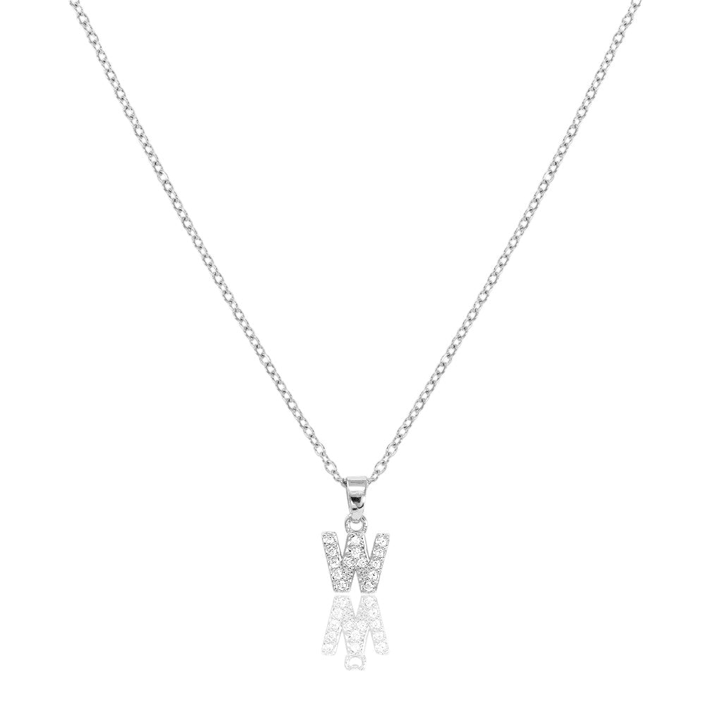 W Stainless Steel CZ Stone Paved Monogram Pendant Necklace