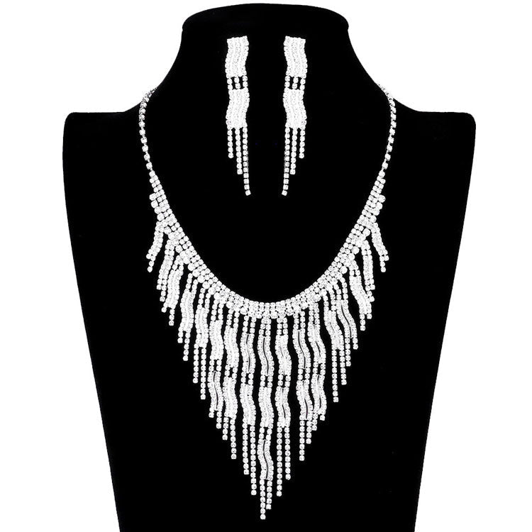 Wavy Fringe Crystal Rhinestone Necklace