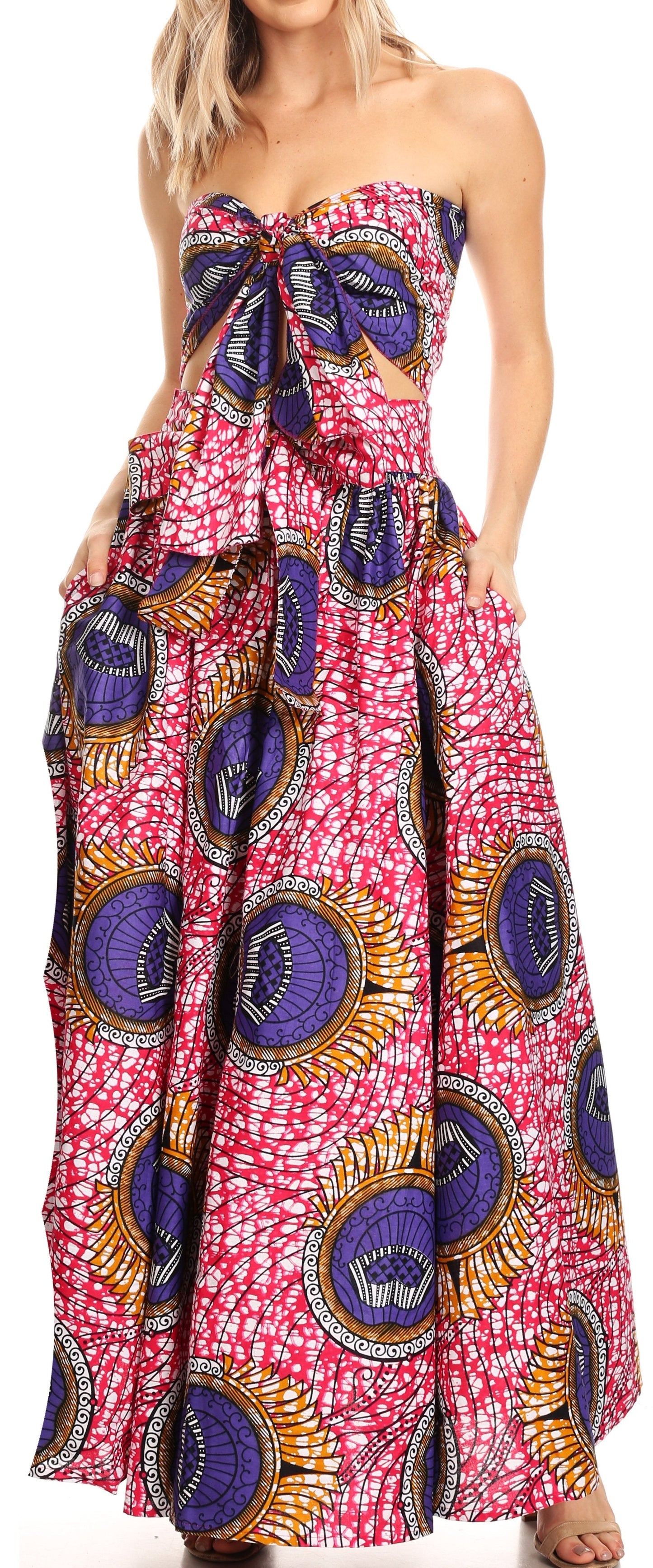 Sakkas Asma Convertible Traditional Wax Print Adjustable Strap Maxi Skirt | Dress
