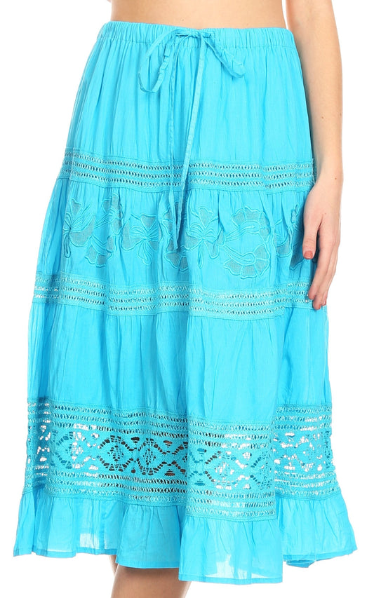 Falda Casual Midi Bohemio Gitano con Encaje y Bordado Línea A para Mujer Sakkas Kezia