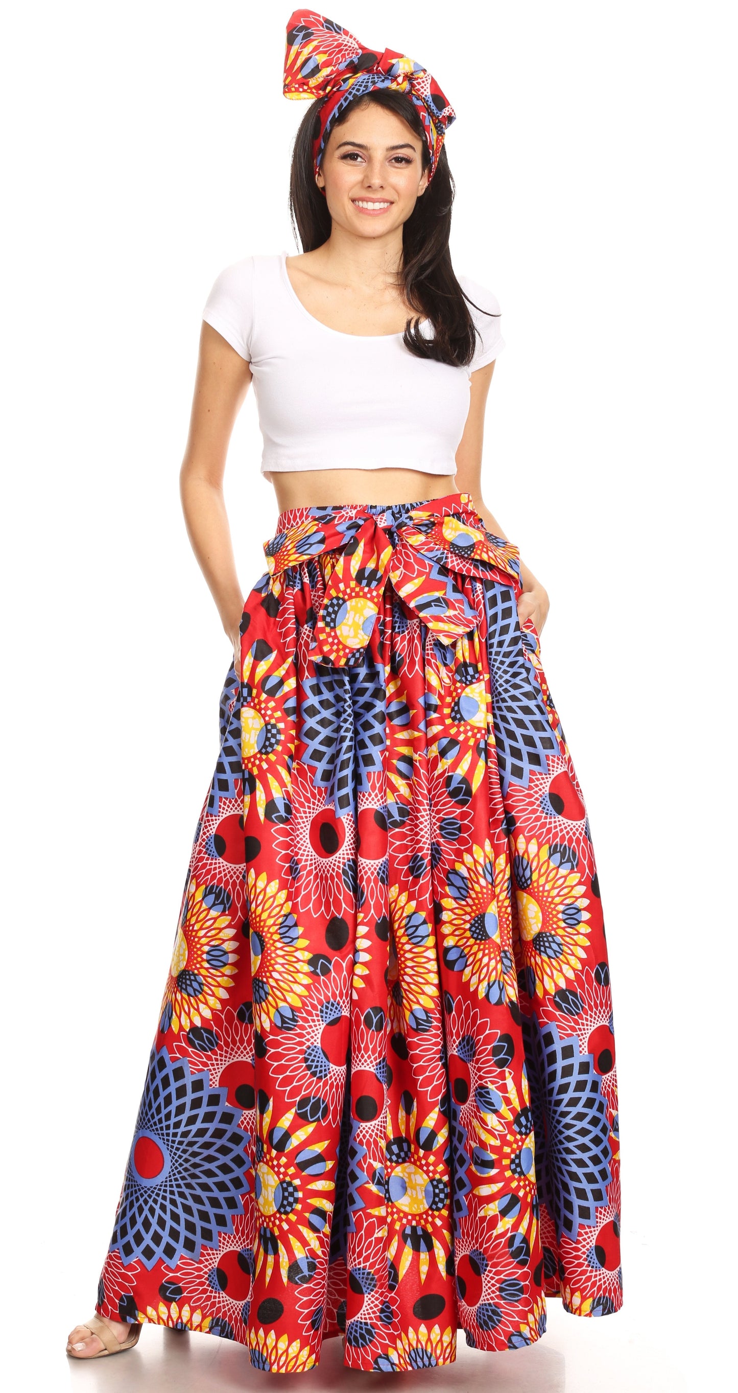 Sakkas Ami Women's Maxi Long African Ankara Print Skirt Pockets & Elastic Waist
