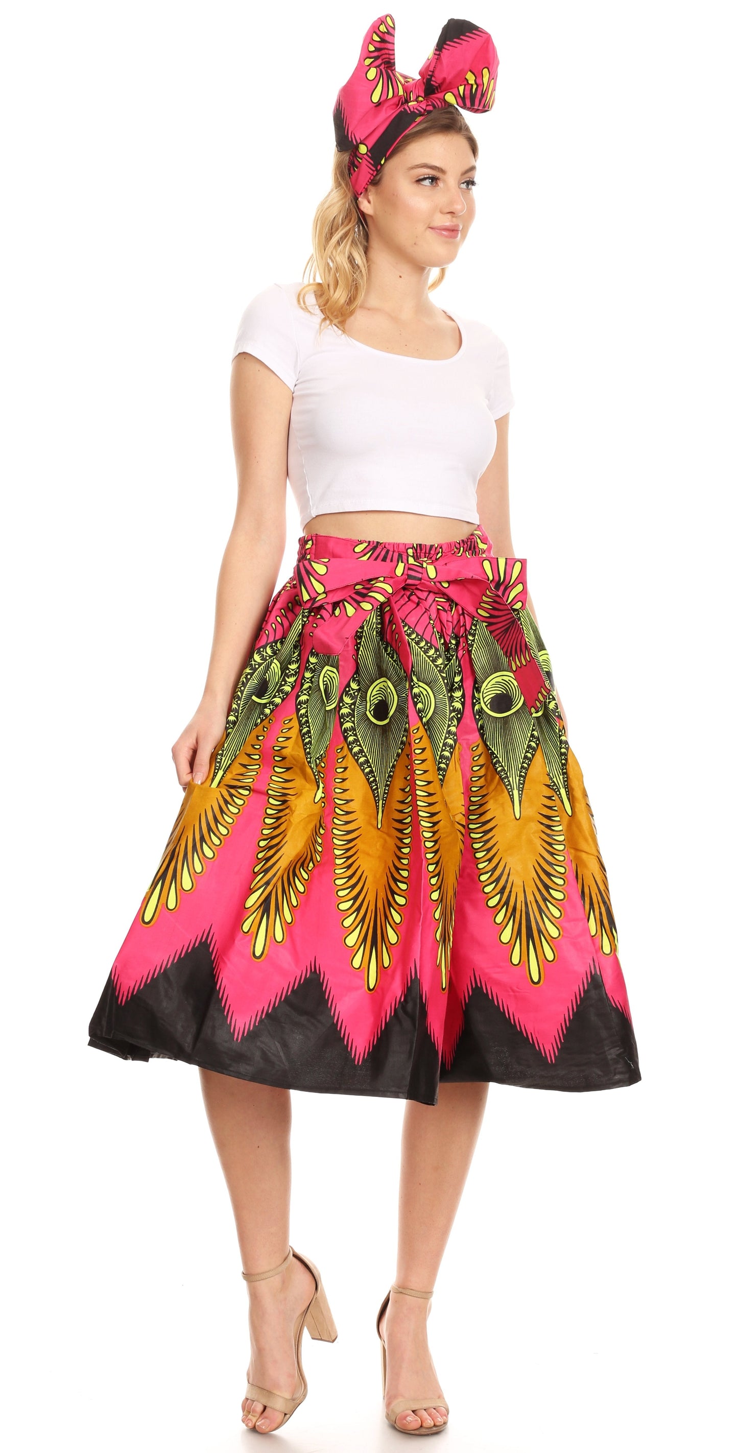 Sakkas Ama Women's Vintage Circle African Ankara Print Midi Skirt with Pockets