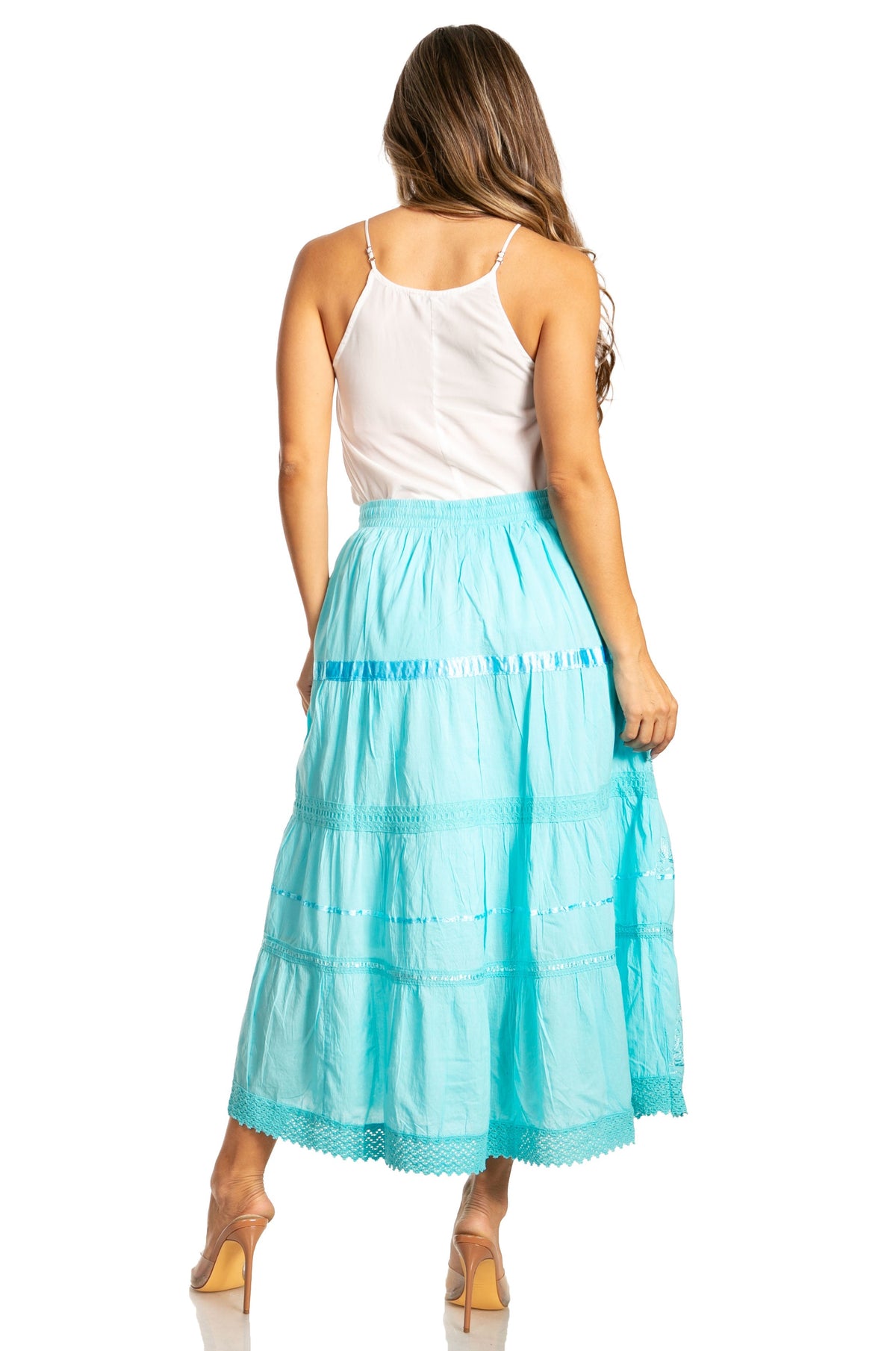 Sakkas Solid Embroidered Gypsy / Bohemian Mid Length Cotton Skirt