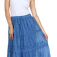 Sakkas Solid Embroidered Crochet Lace Trim Gypsy Bohemian Mid Length Cotton Skirt