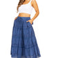 Sakkas Solid Embroidered Crochet Lace Trim Gypsy Bohemian Mid Length Cotton Skirt