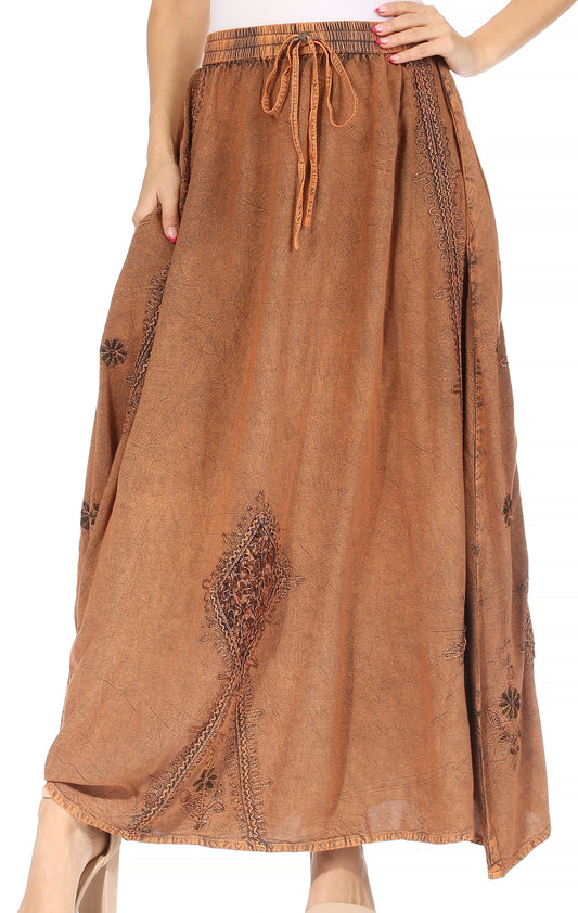 Sakkas Zarah Falda gitana boho bordada para mujer con cintura elástica de encaje y bolsillos