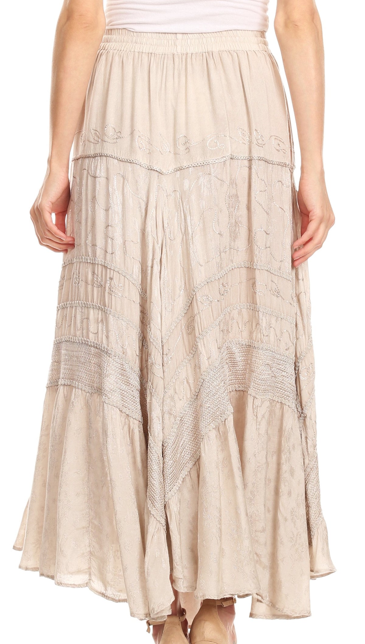 Sakkas Alber Adjustable Waist Boho Skirt With Detailed Embroidery With Ruffle Trim