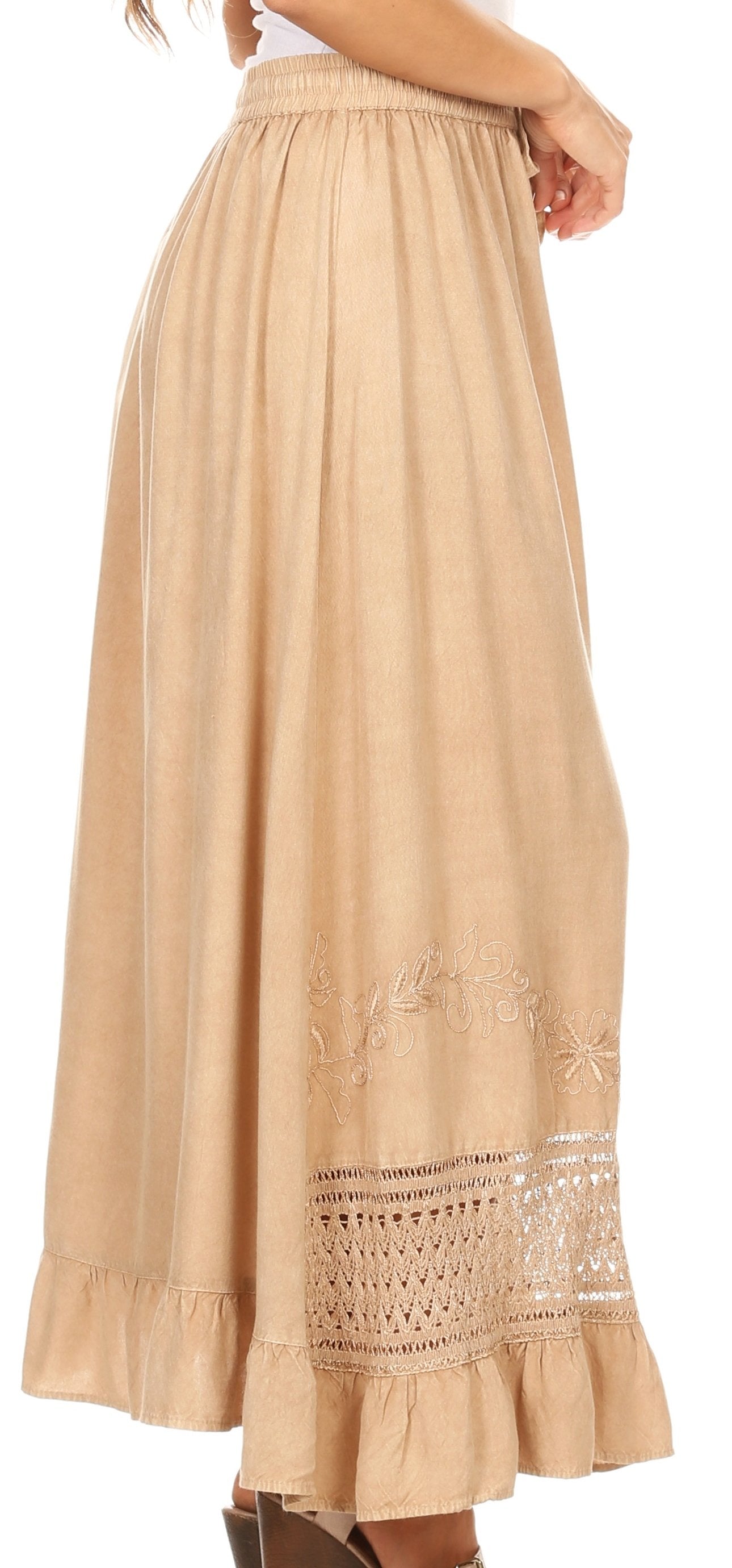 Sakkas Harley Bohemian Embroidered Ethnic Maxi Skirt Adjustable Waist Ruffle Trim