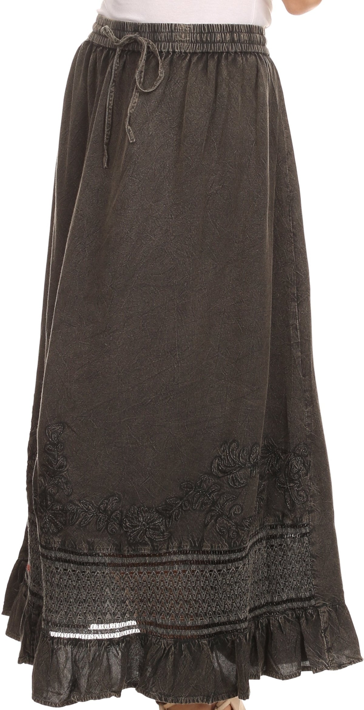 Sakkas Harley Bohemian Embroidered Ethnic Maxi Skirt Adjustable Waist Ruffle Trim