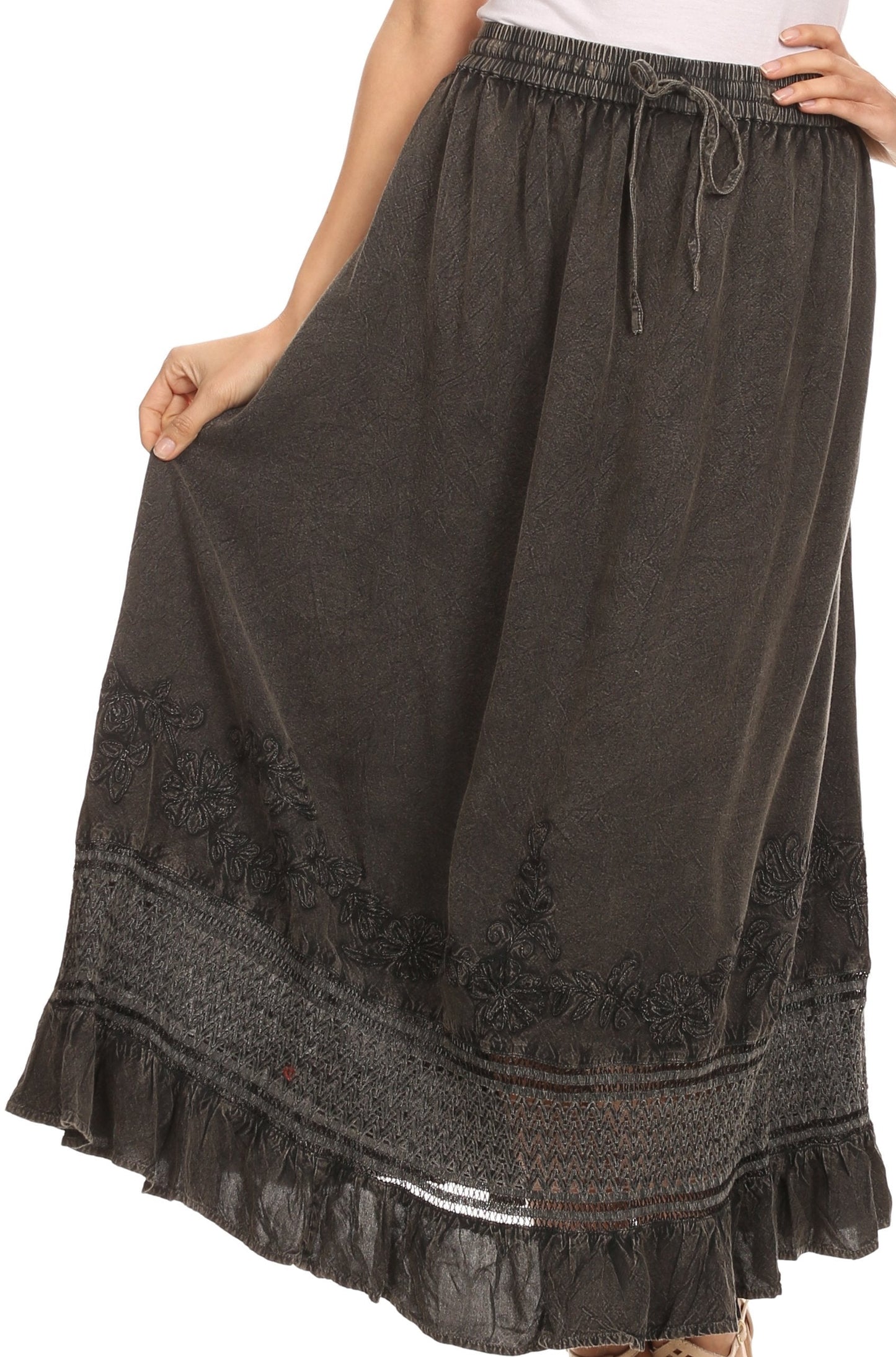 Sakkas Harley Bohemian Embroidered Ethnic Maxi Skirt Adjustable Waist Ruffle Trim