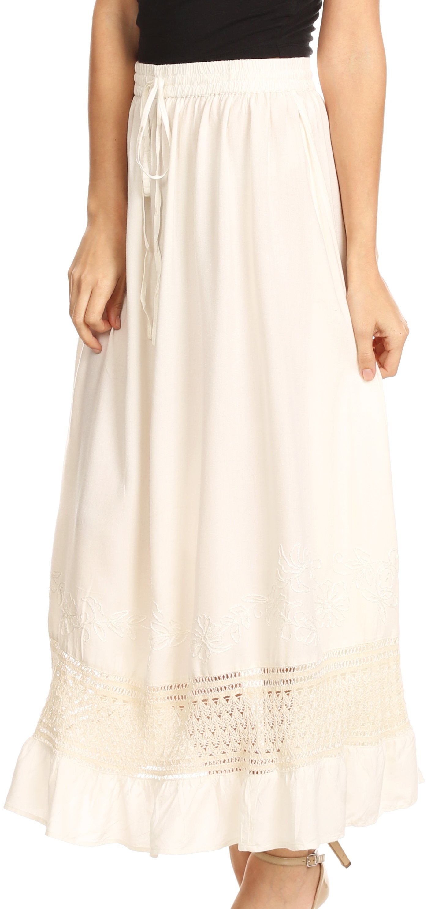 Sakkas Harley Bohemian Embroidered Ethnic Maxi Skirt Adjustable Waist Ruffle Trim