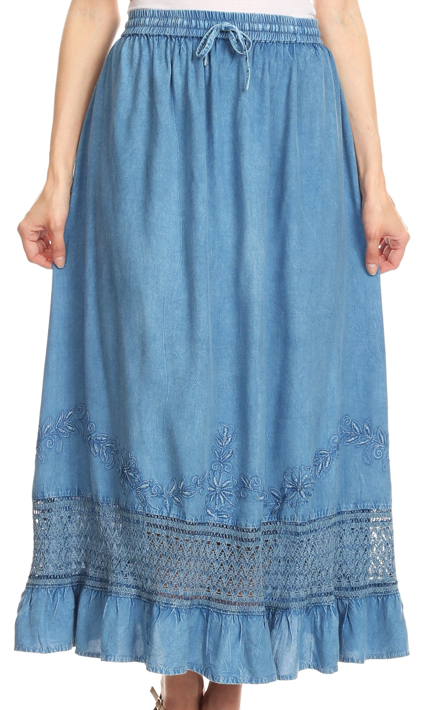 Sakkas Harley Bohemian Embroidered Ethnic Maxi Skirt Adjustable Waist Ruffle Trim