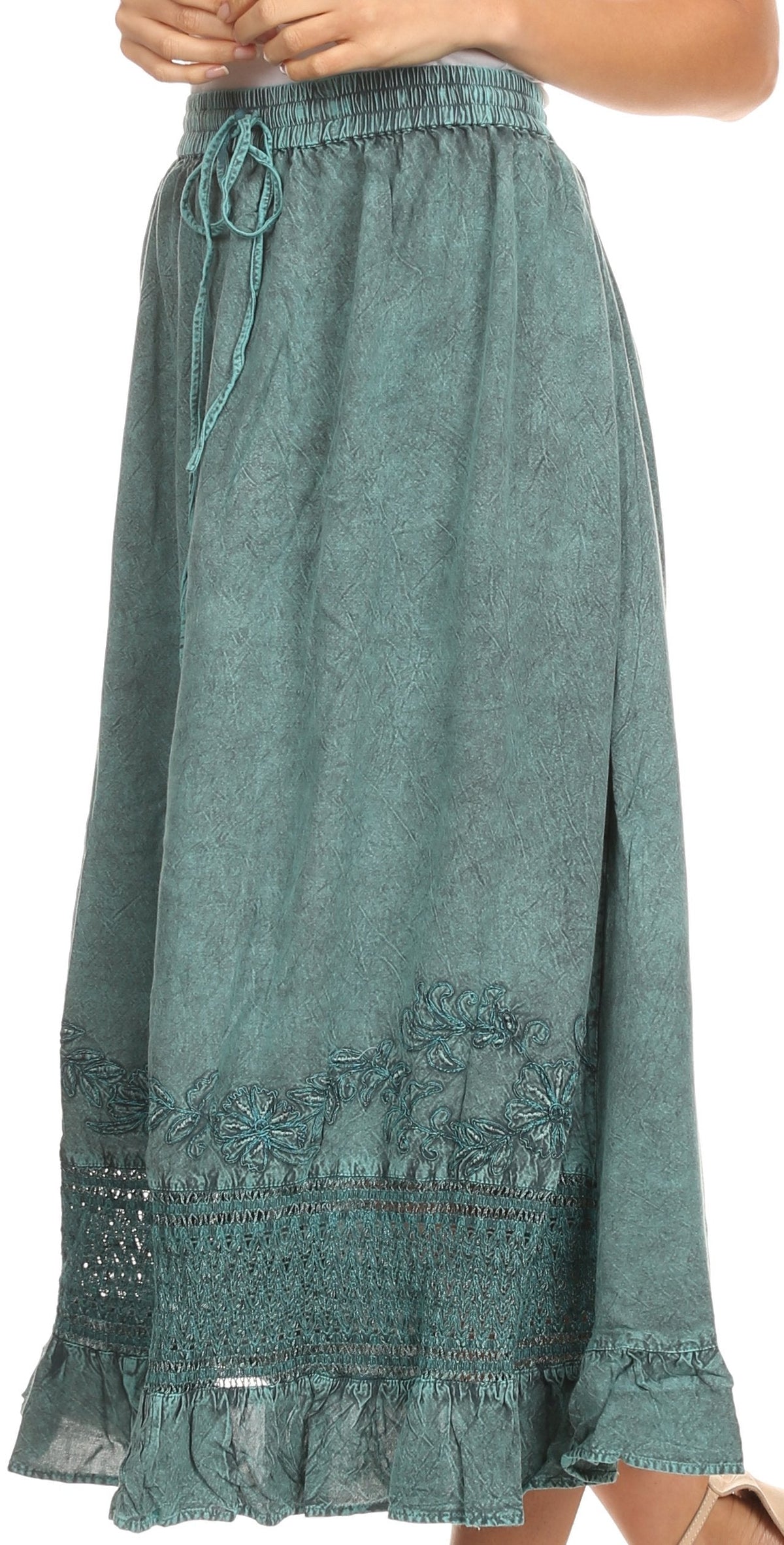 Sakkas Harley Bohemian Embroidered Ethnic Maxi Skirt Adjustable Waist Ruffle Trim