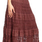 Sakkas Gracie Crochet Lace Tiered Long Cotton Skirt with Fold-Over Waistband