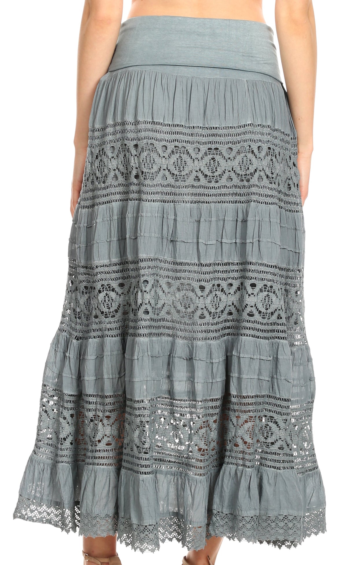 Sakkas Gracie Crochet Lace Tiered Long Cotton Skirt with Fold-Over Waistband