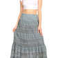 Sakkas Gracie Crochet Lace Tiered Long Cotton Skirt with Fold-Over Waistband