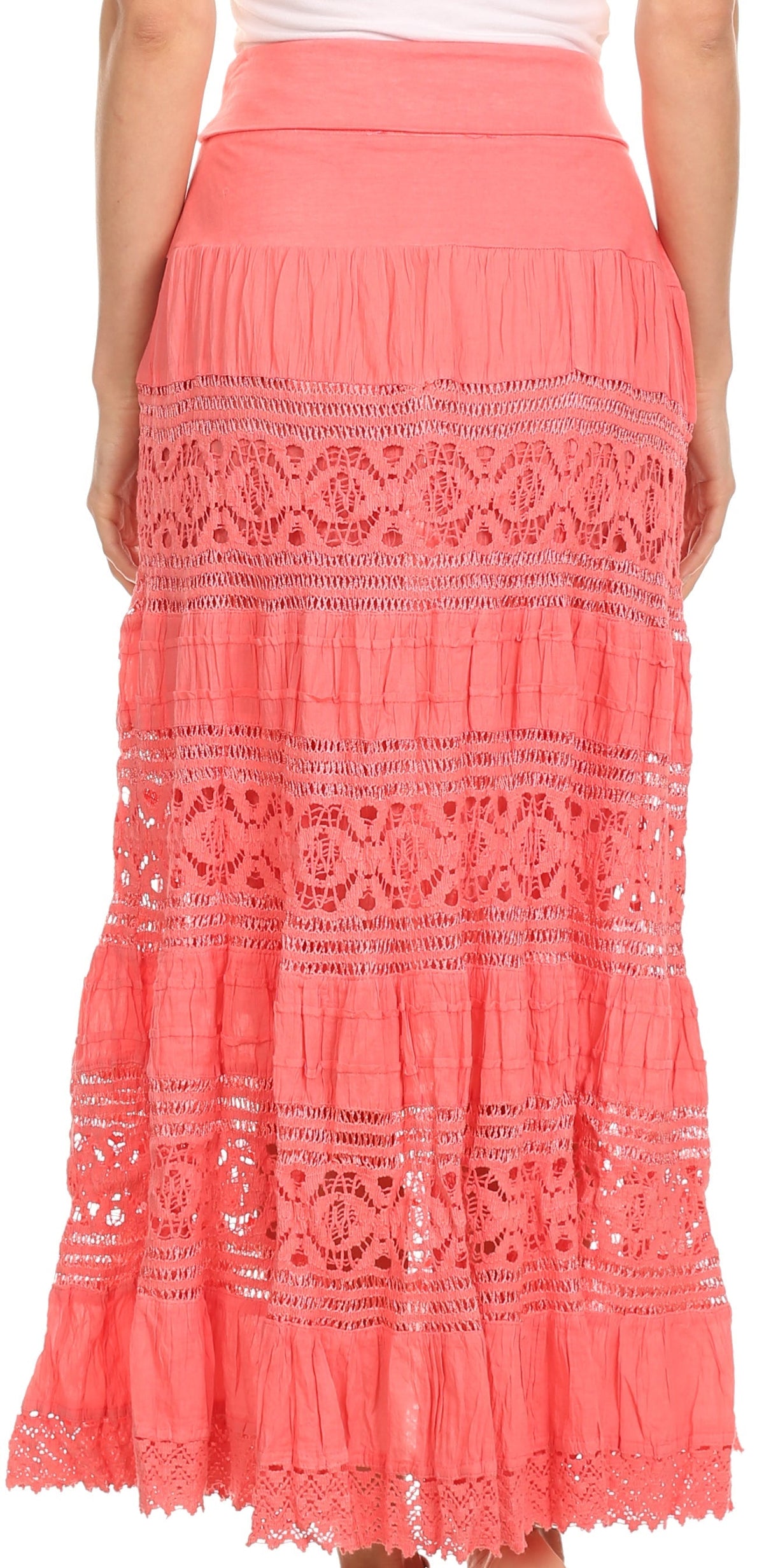 Sakkas Gracie Crochet Lace Tiered Long Cotton Skirt with Fold-Over Waistband