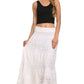 Sakkas Gracie Crochet Lace Tiered Long Cotton Skirt with Fold-Over Waistband