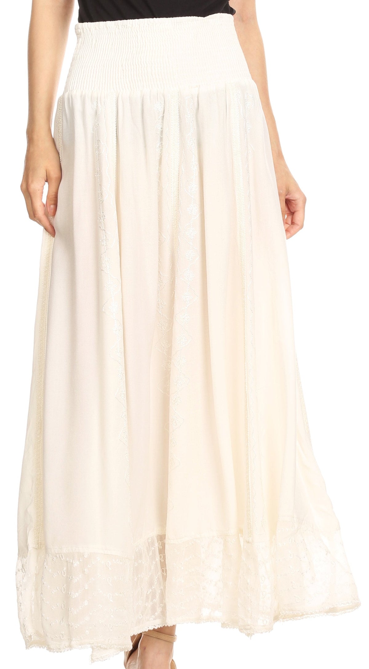 Sakkas Ines Womens Gypsy Maxi Bohemian Long Skirt With Elastic Smock Waist & Lace