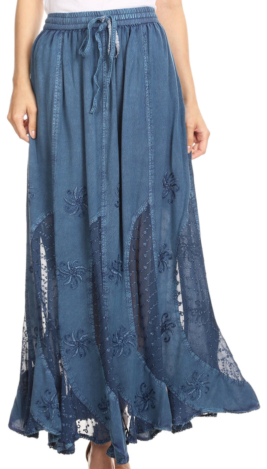 Sakkas Aleja Falda larga maxi gitana bohemia para mujer con cintura elástica ajustable de encaje
