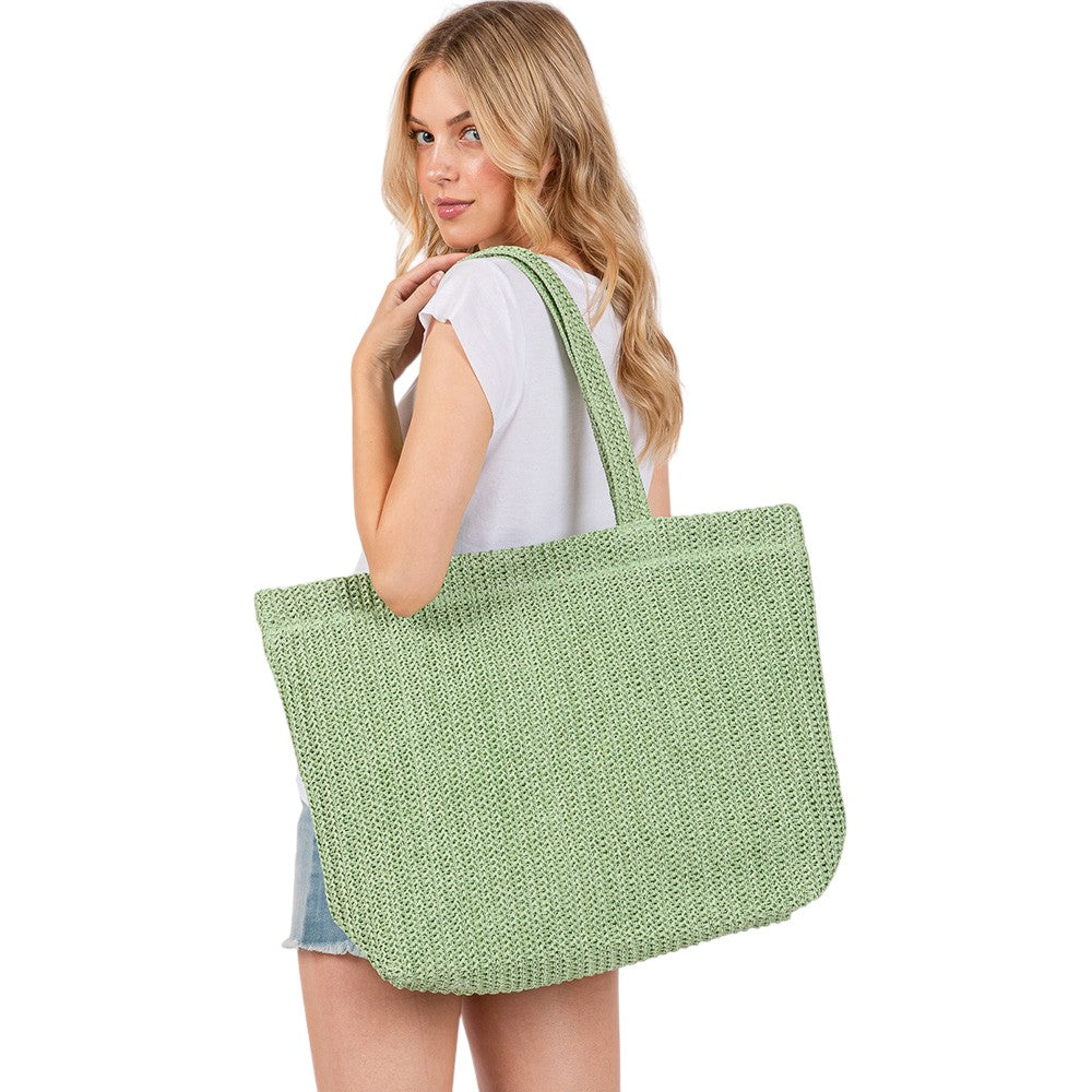 Women's Solid Crochet Straw Tote Bag / Beach