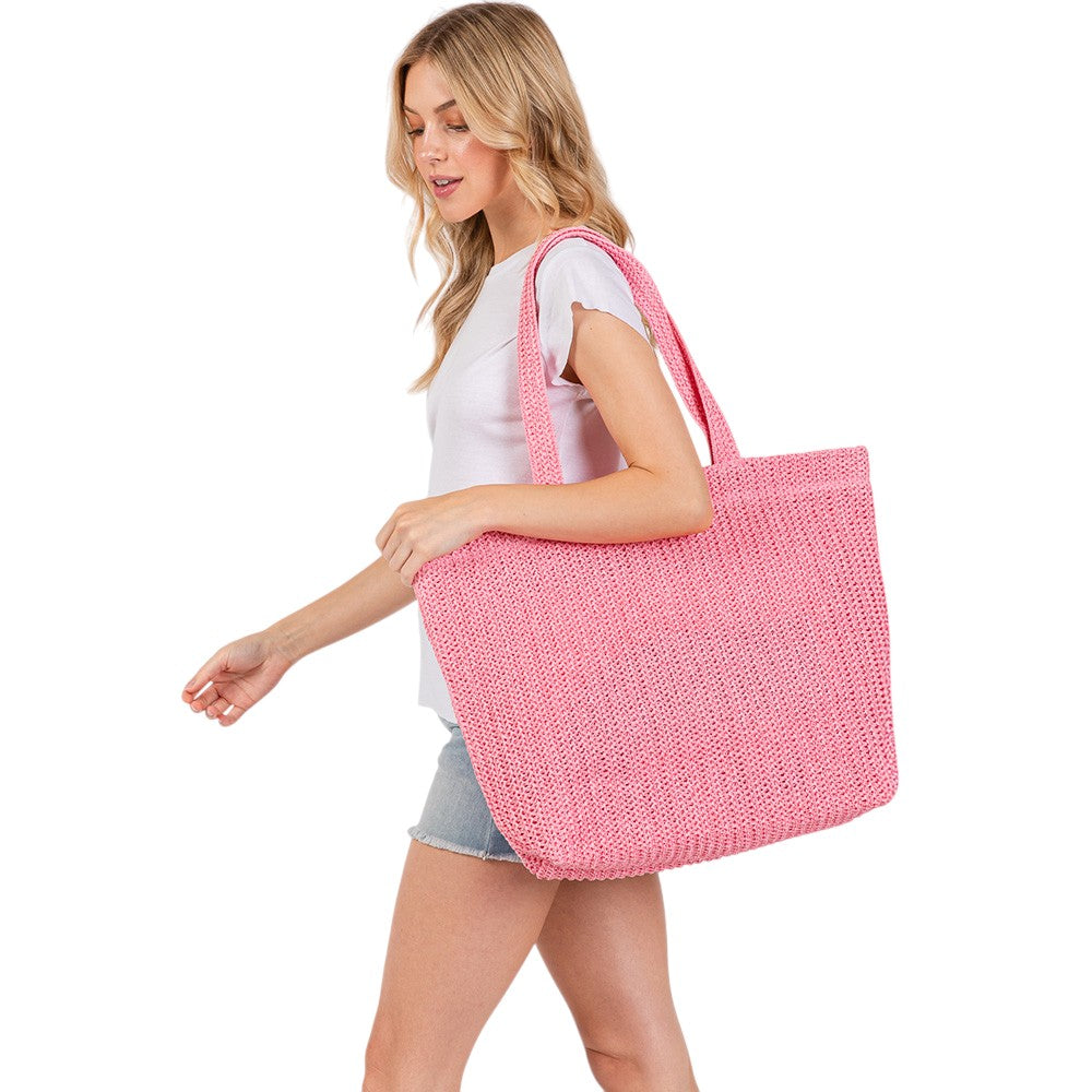 Women's Solid Crochet Straw Tote Bag / Beach