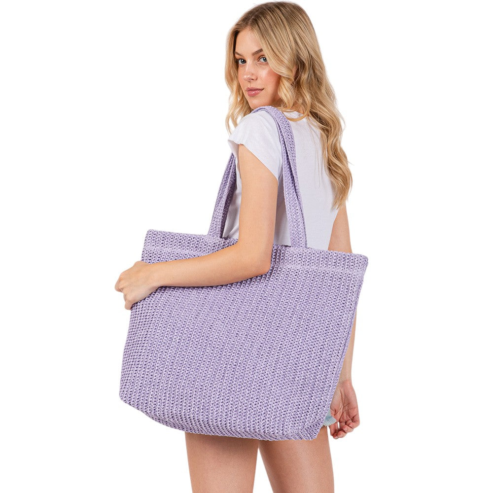 Women's Solid Crochet Straw Tote Bag / Beach