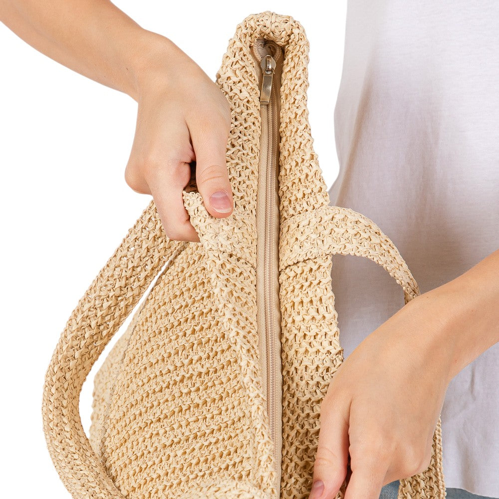 Women's Solid Crochet Straw Tote Bag / Beach