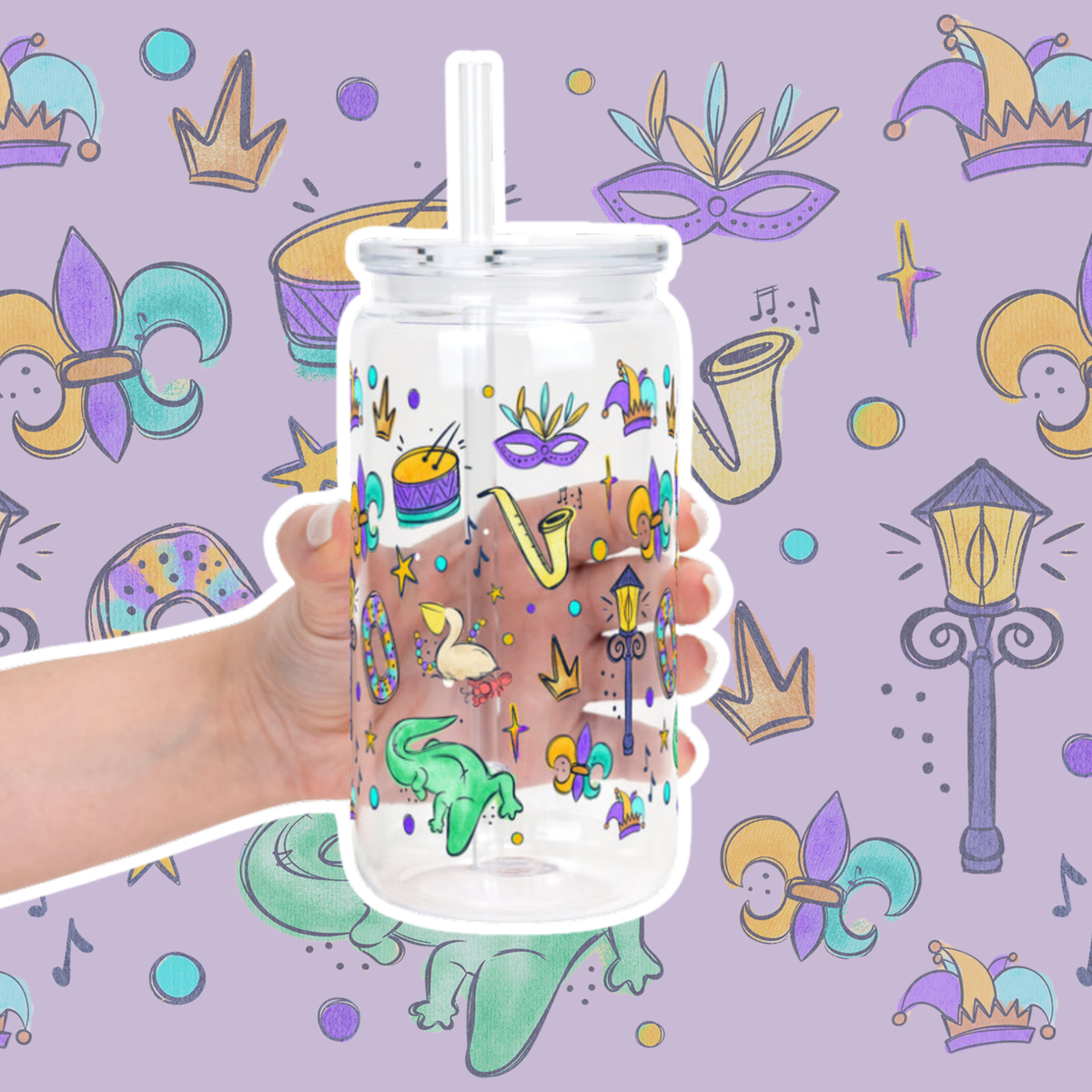 Watercolor Mardi Gras Glass Cups
