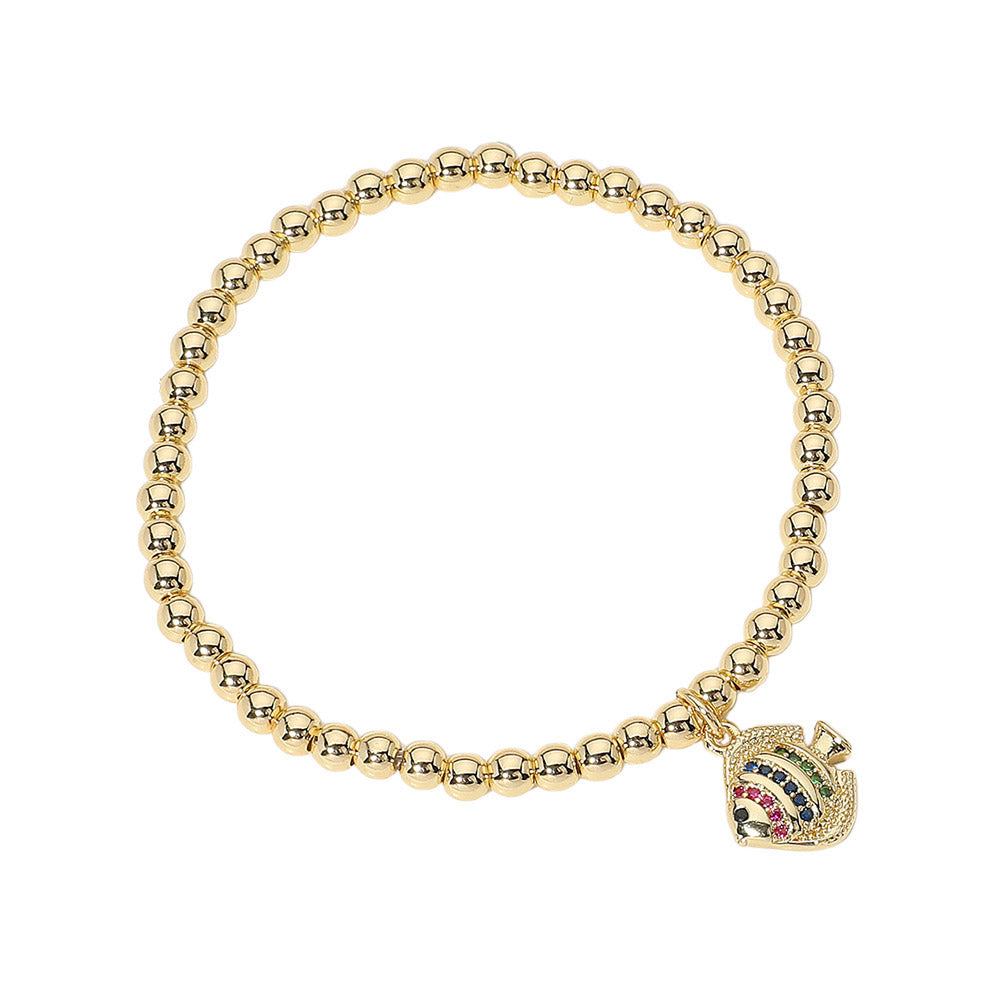 Stainless Steel Ball Stone Paved Fish Beaded Stretch Bracelet