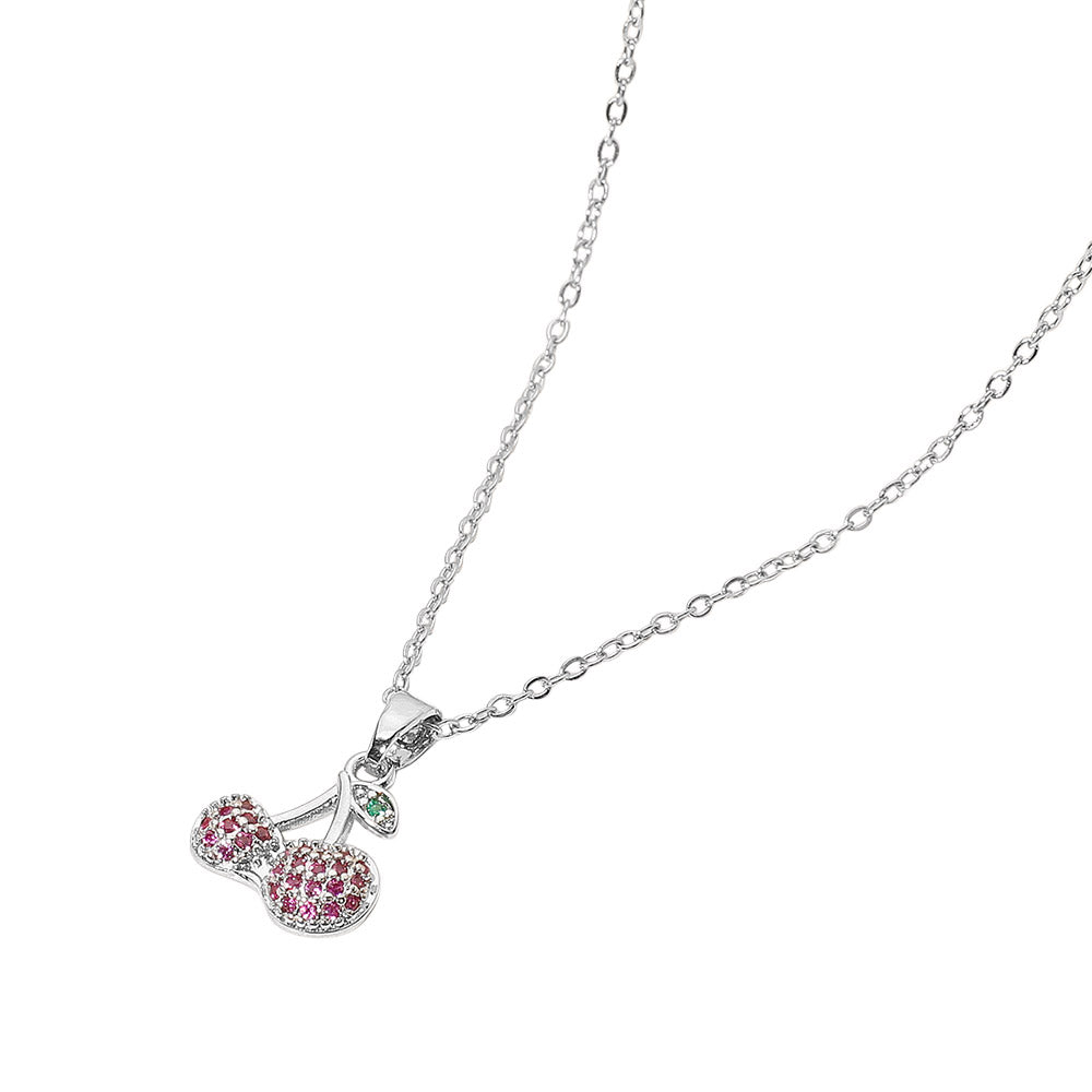 Stainless Steel Stone Paved Cherry Pendant Necklace