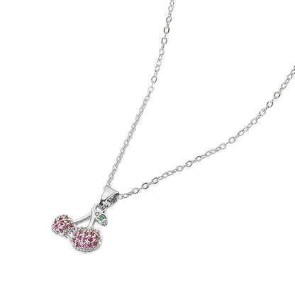 Stainless Steel Stone Paved Cherry Pendant Necklace