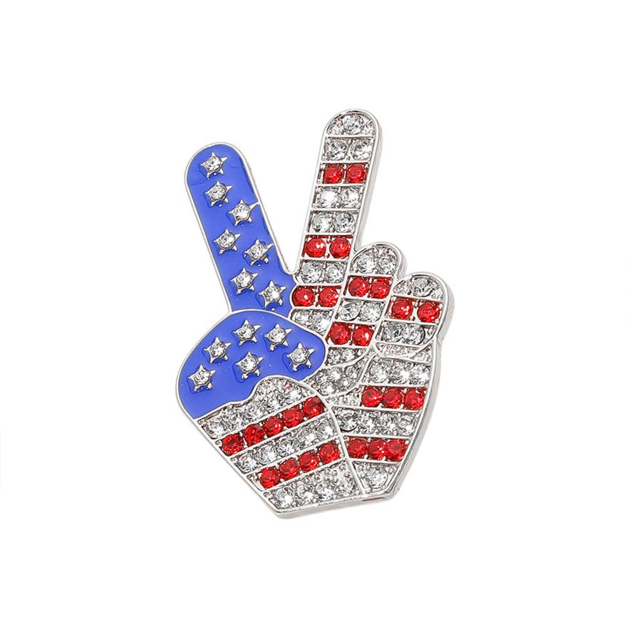Stone Paved American USA Flag Peace Hand Sign Pin Brooch