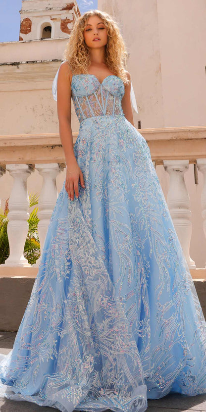 Vestido de gala corsé largo de línea A con purpurina y apliques de lentejuelas Nox Anabel T1336
