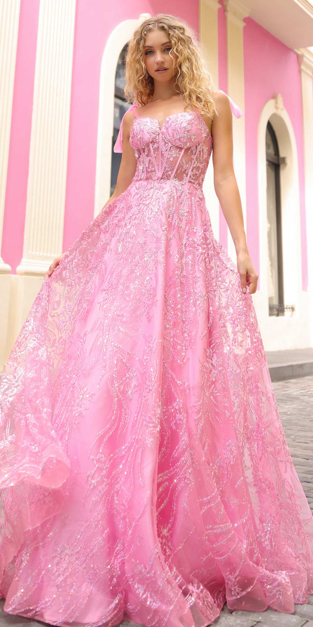 Vestido de gala corsé largo de línea A con purpurina y apliques de lentejuelas Nox Anabel T1336