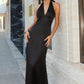 Astee T2001 Fitted Long V-Neckline Halter Top Evening Gown