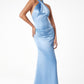Vestido de satén de corte sirena con corpiño halter retorcido y entallado Astee T2005
