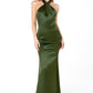 Vestido de satén de corte sirena con corpiño halter retorcido y entallado Astee T2005