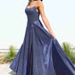 Vestido de Noche Acampanado con Brillo Ladivine Amoris T213 sin Mangas y Tirantes Finos