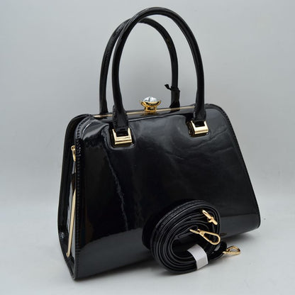 Patent Frame Satchel Handbag with Top Handles and Pearl Clasp