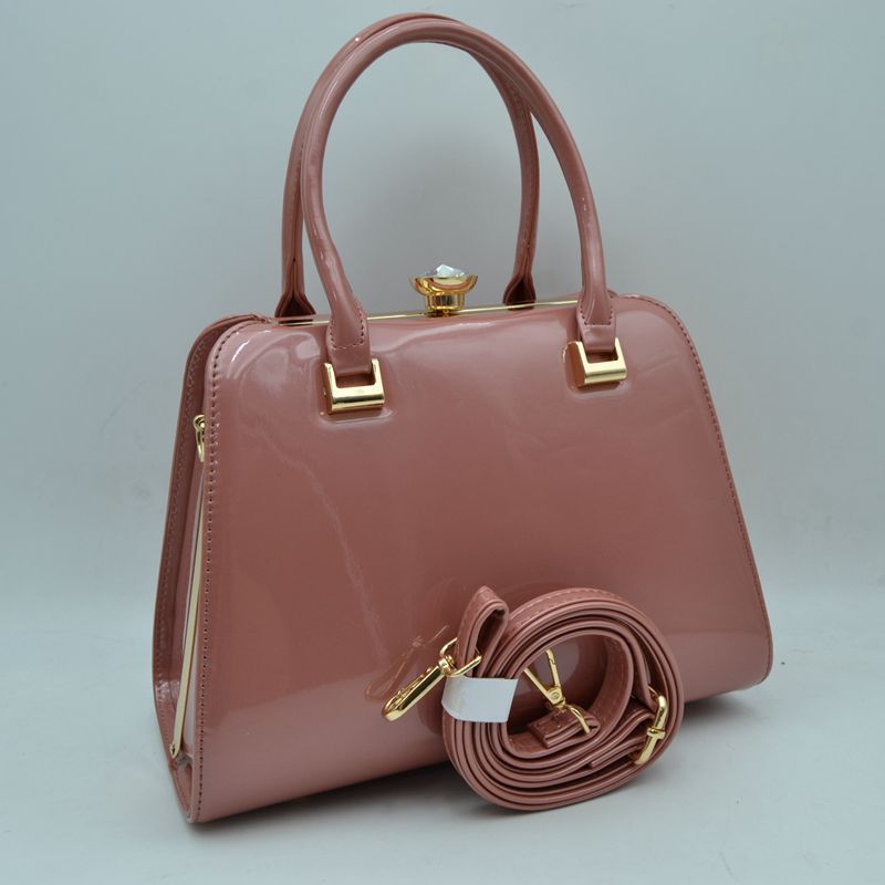 Patent Frame Satchel Handbag with Top Handles and Pearl Clasp