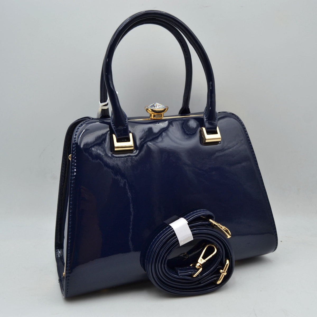 Patent Frame Satchel Handbag with Top Handles and Pearl Clasp