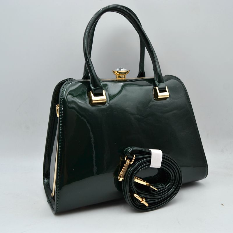 Patent Frame Satchel Handbag with Top Handles and Pearl Clasp