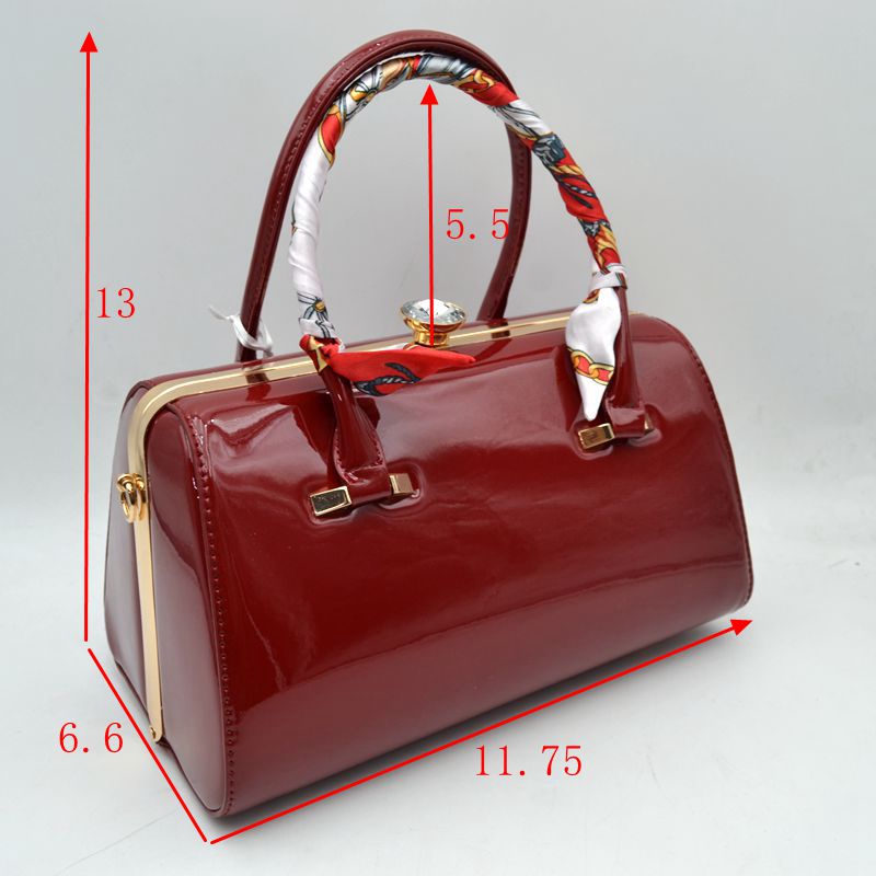 Glossy Patent Leather Barrel Handbag with Scarf-Wrapped Handle