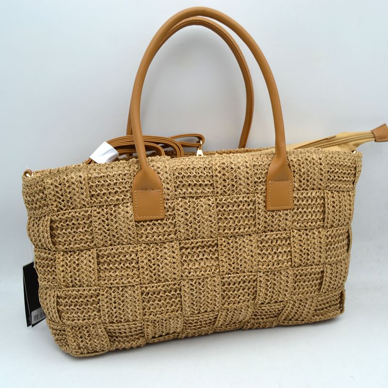 Chic Woven Straw Tote Bag with Faux Leather Handles