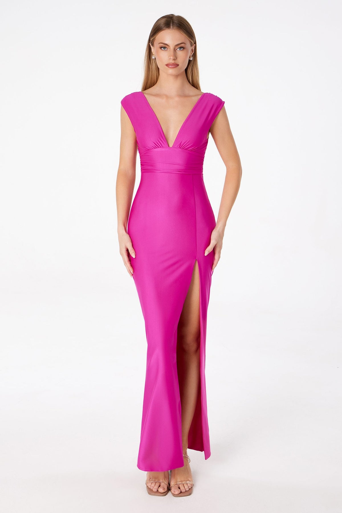 Vestido de noche Astee T5000 hasta el tobillo con escote en V y abertura lateral