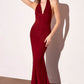 Astee T501 Long Halter V-Neckline Fitted Open Back Evening Gown