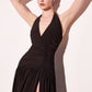 Astee T502 Halter Top V-Neckline Evening Gown with Leg Slit